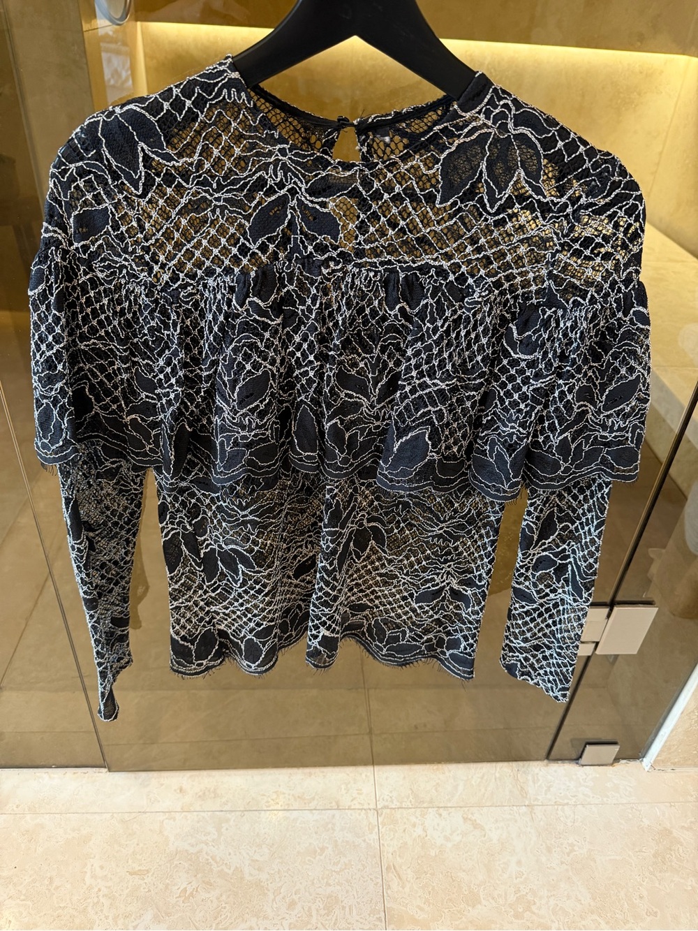 Zara unique Black and White Lace-Overlay Ruffle top size small